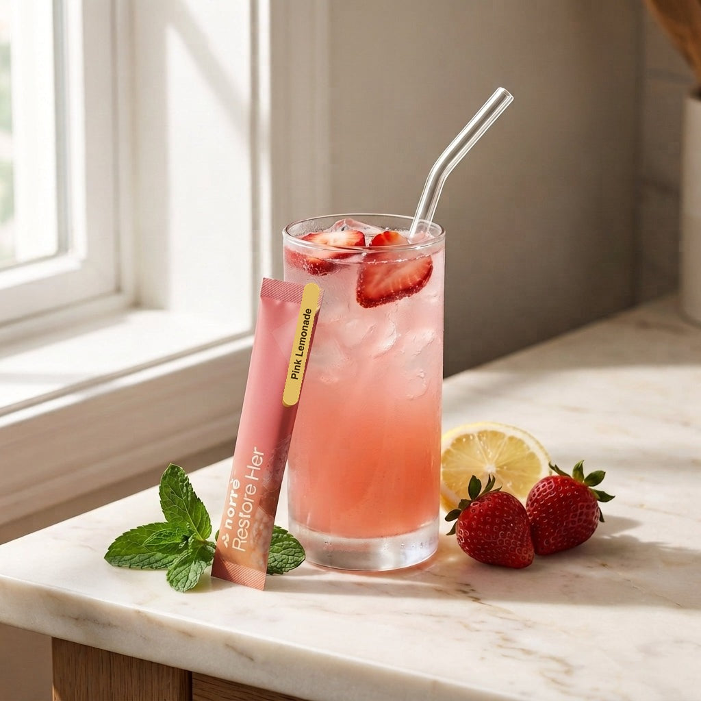 RestoreHer pink lemonade — mixed in a glass with sachet