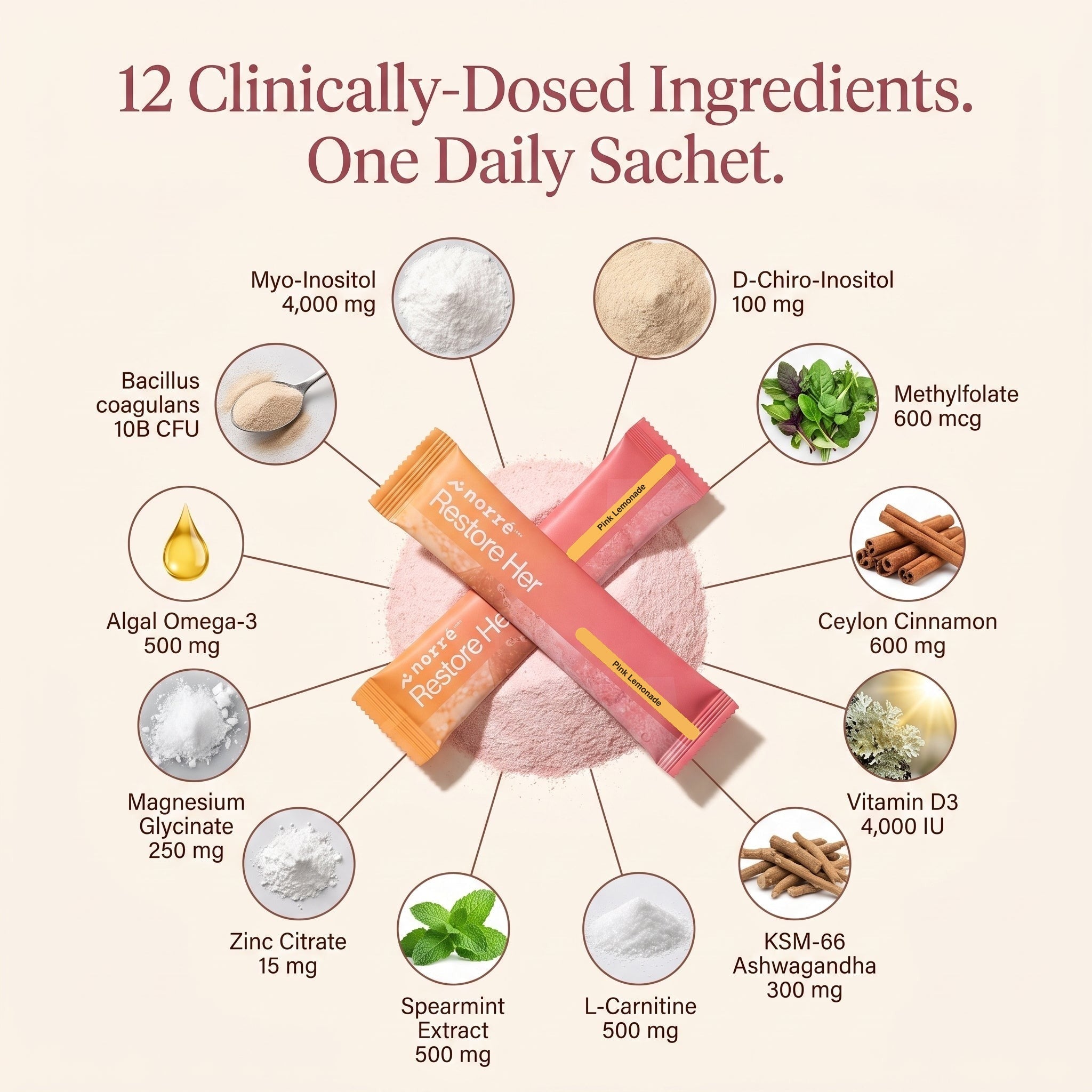 Norré RestoreHer — 12 clinically-dosed ingredients in one daily sachet